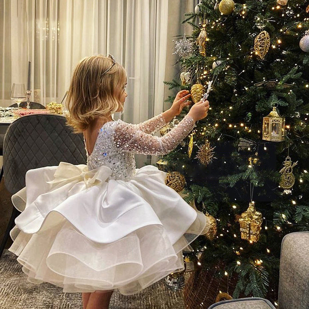 Sequin Princess Flower Girl Dress: Boat Neck Long Sleeve