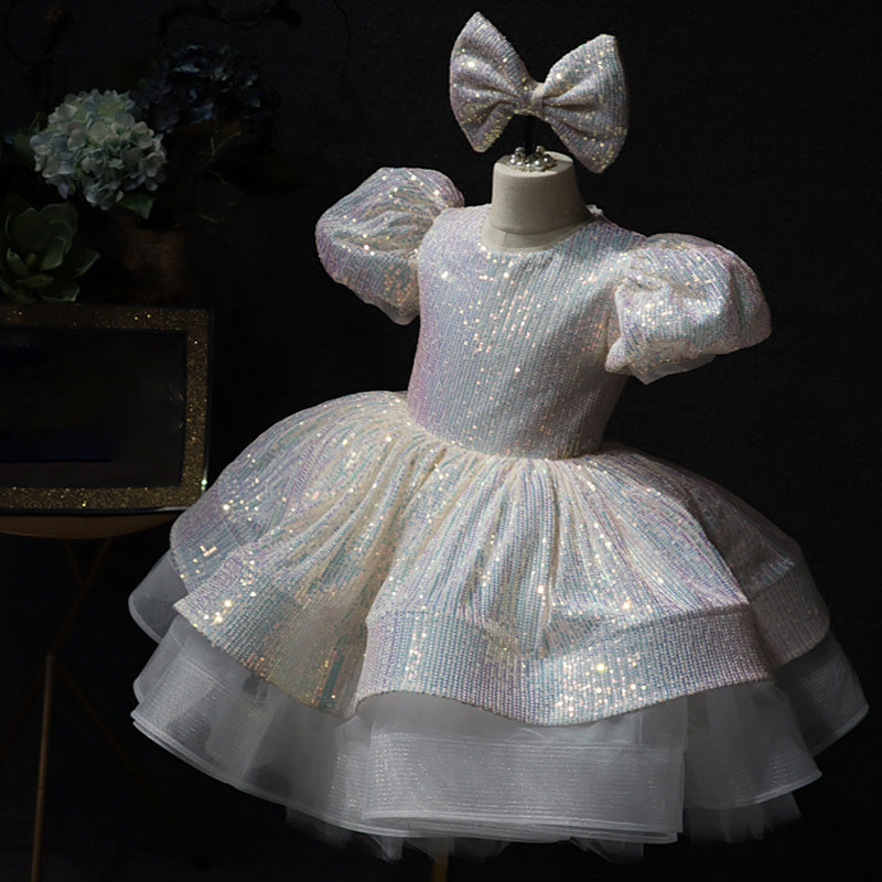 Sequin Tiered Ball Gown Dress for Girls - Short Sleeve, Stylish Party & Special Occasion Wear