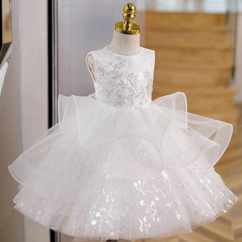 White Sequin Tulle Ball Gown Dress for Girls – Special Occasion & Party Wear