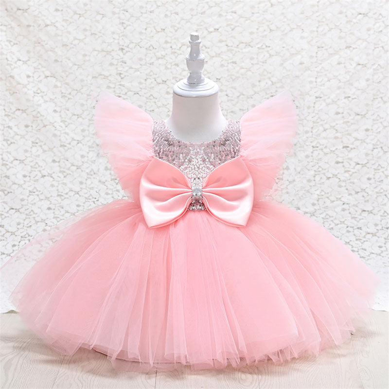 Sequin Tulle A-Line Flower Girl Dress Cap Sleeve Bow Knee