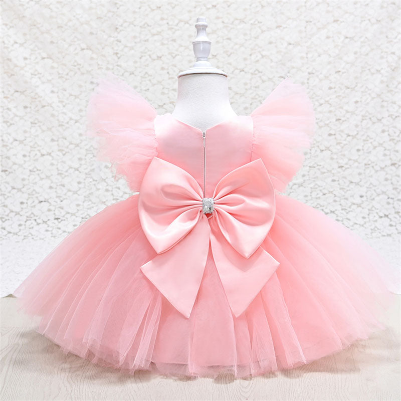 Sequin Tulle A-Line Flower Girl Dress Cap Sleeve Bow Knee