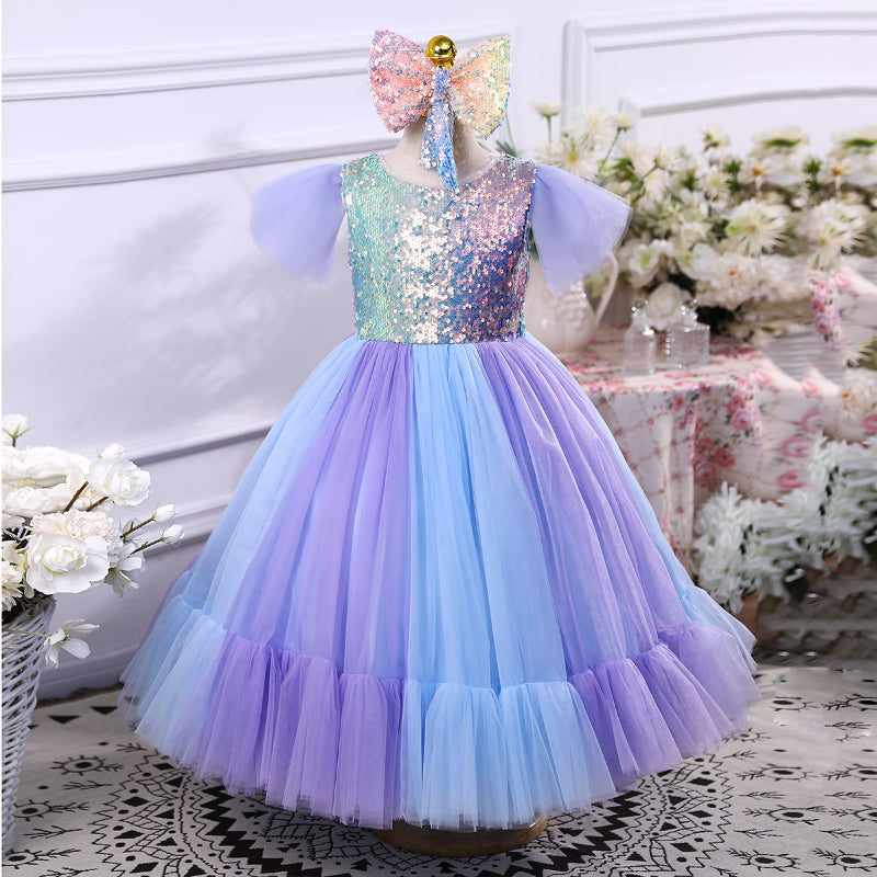 Multicolor Sequin Tulle Princess Dress for Girls, Floor Length, Ages 3-8