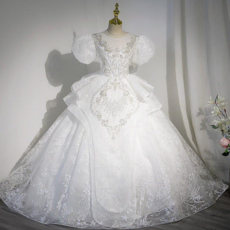 Shiny Sequined Princess Flower Girl Dress with Illusion Neckline | White Tiered Gown for Special Occasions