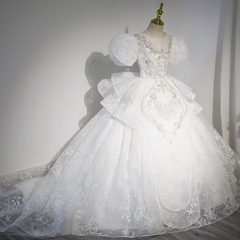 Shiny Sequined Princess Flower Girl Dress with Illusion Neckline | White Tiered Gown for Special Occasions