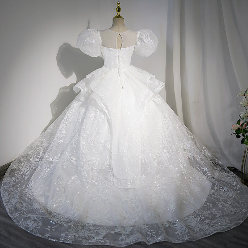Shiny Sequined Princess Flower Girl Dress with Illusion Neckline | White Tiered Gown for Special Occasions