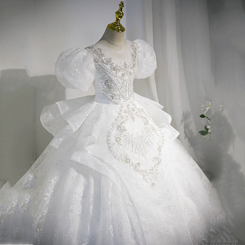 Shiny Sequined Princess Flower Girl Dress with Illusion Neckline | White Tiered Gown for Special Occasions