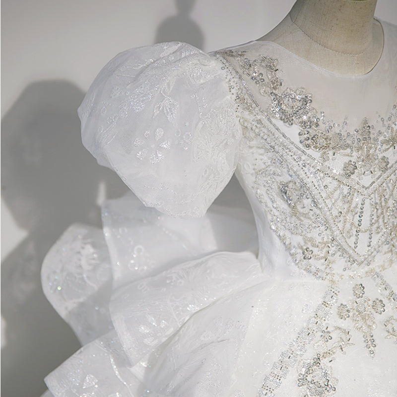Shiny Sequined Princess Flower Girl Dress with Illusion Neckline | White Tiered Gown for Special Occasions