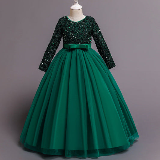 Sequined Tulle A-Line Flower Girl Dress V-Neck Long Sleeve
