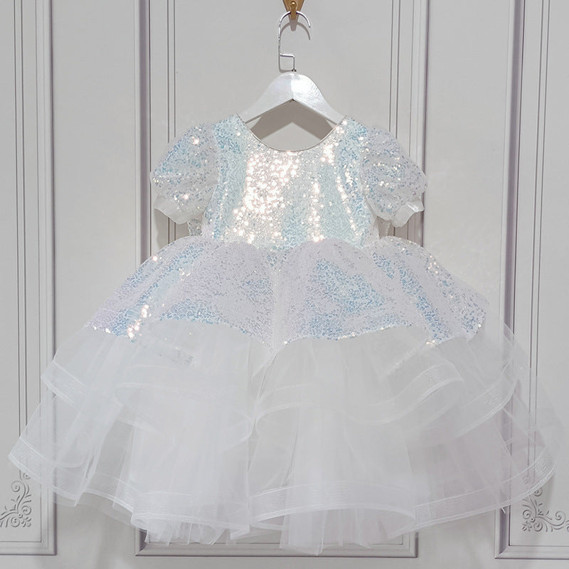 White Sequined Princess Dress for Girls – Tiered Skirt, Short Sleeves, Special Occasion