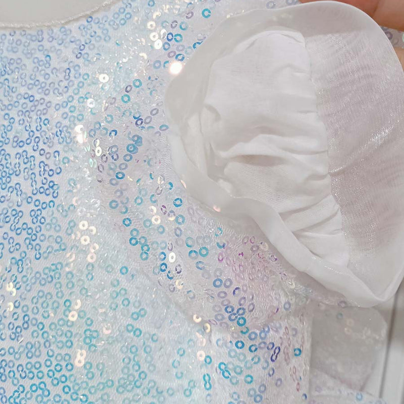 White Sequined Princess Dress for Girls – Tiered Skirt, Short Sleeves, Special Occasion