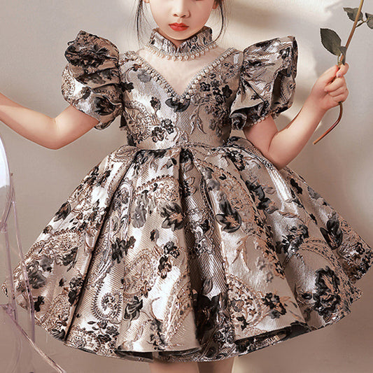 Silver Beaded Satin Princess Dress - Puff Sleeves