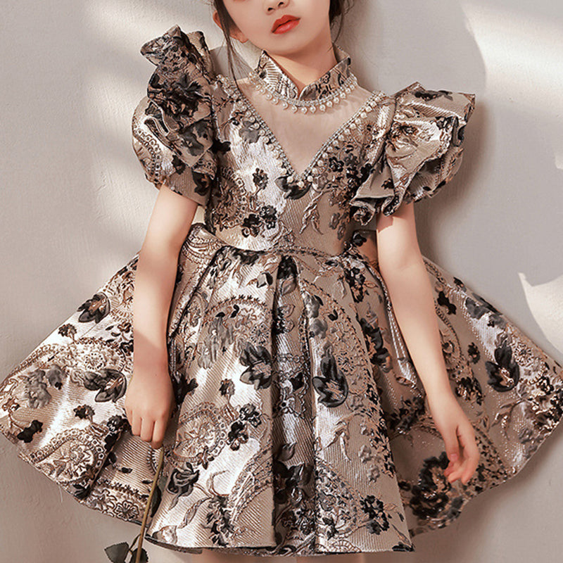 Silver Beaded Satin Princess Dress - Puff Sleeves