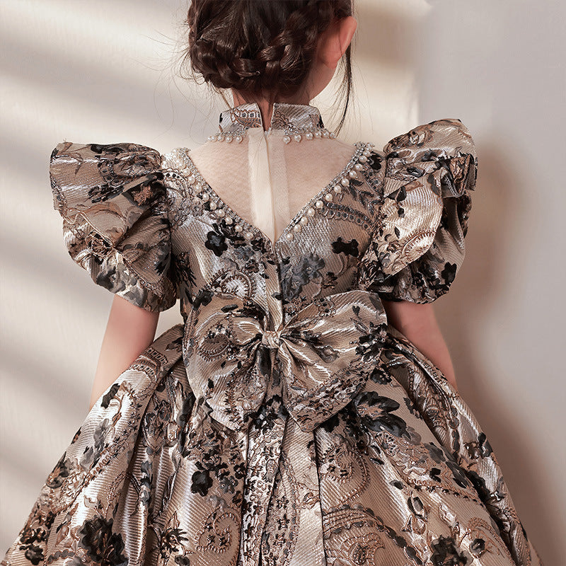 Silver Beaded Satin Princess Dress - Puff Sleeves
