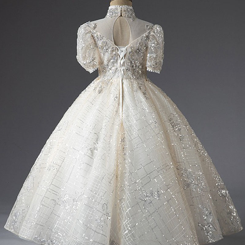 Silver Sequin A-Line Flower Girl Dress Turtle Neck Puff
