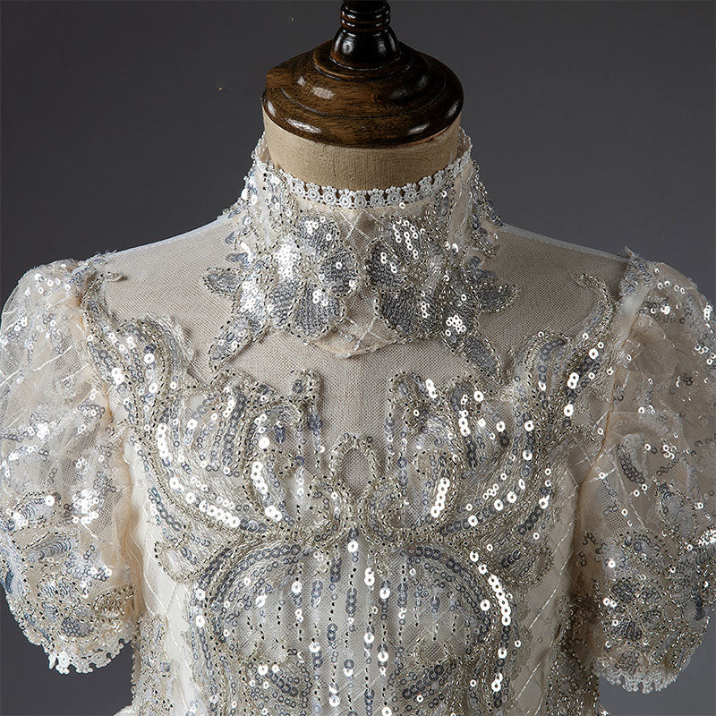 Silver Sequin A-Line Flower Girl Dress Turtle Neck Puff