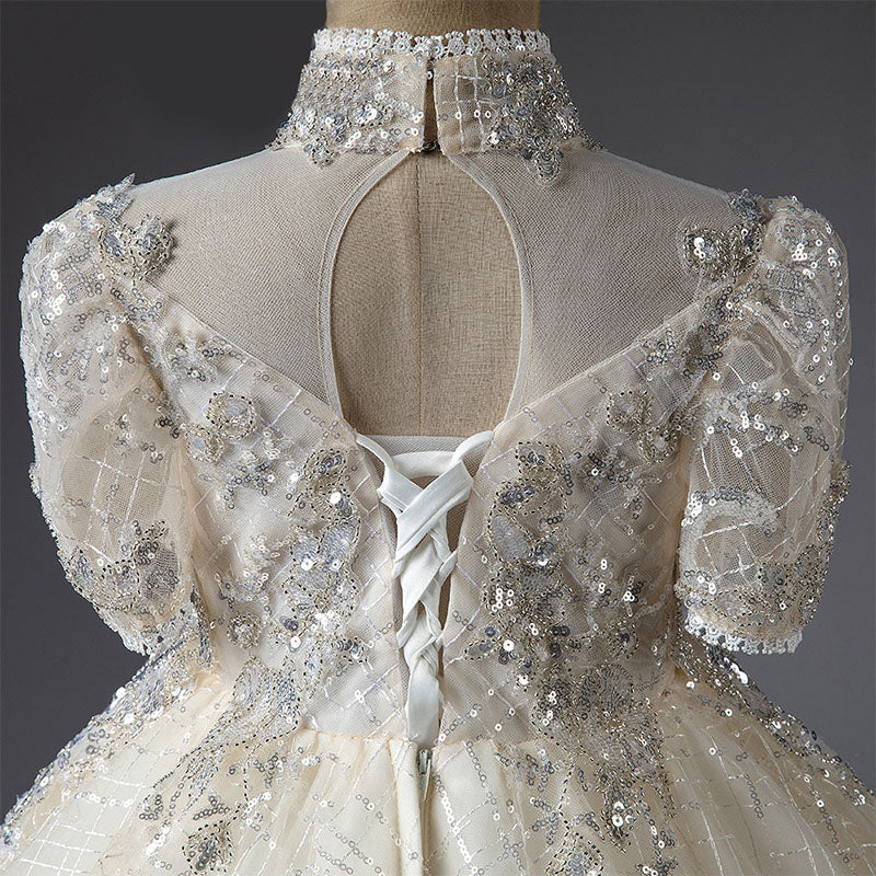 Silver Sequin A-Line Flower Girl Dress Turtle Neck Puff