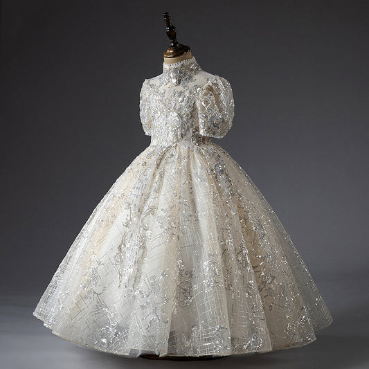 Silver Sequined A-Line Flower Girl Dress Puff Sleeve