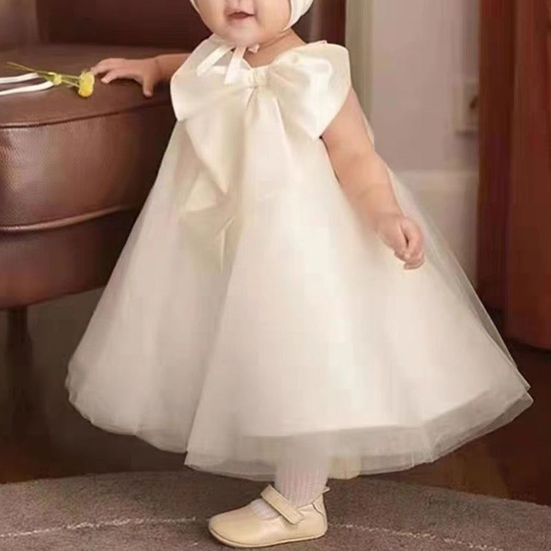Sleeveless A-Line Flower Girl Dress with Bow and Tulle Skirt