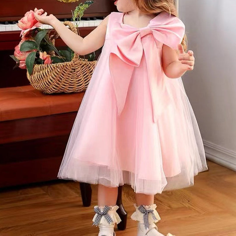 Sleeveless A-Line Flower Girl Dress with Bow and Tulle Skirt