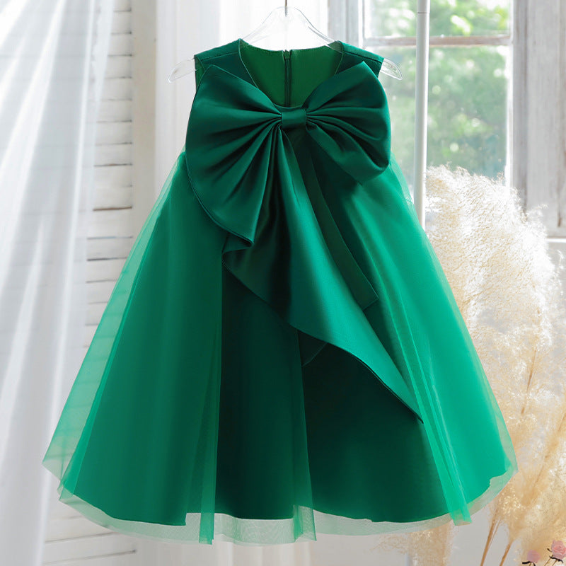 Sleeveless A-Line Flower Girl Dress with Bow and Tulle Skirt