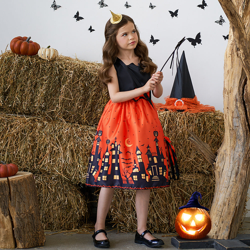 Orange Sleeveless A-Line Tea Length Dress with Bow for Kids | Party & Photo Shoot Outfit