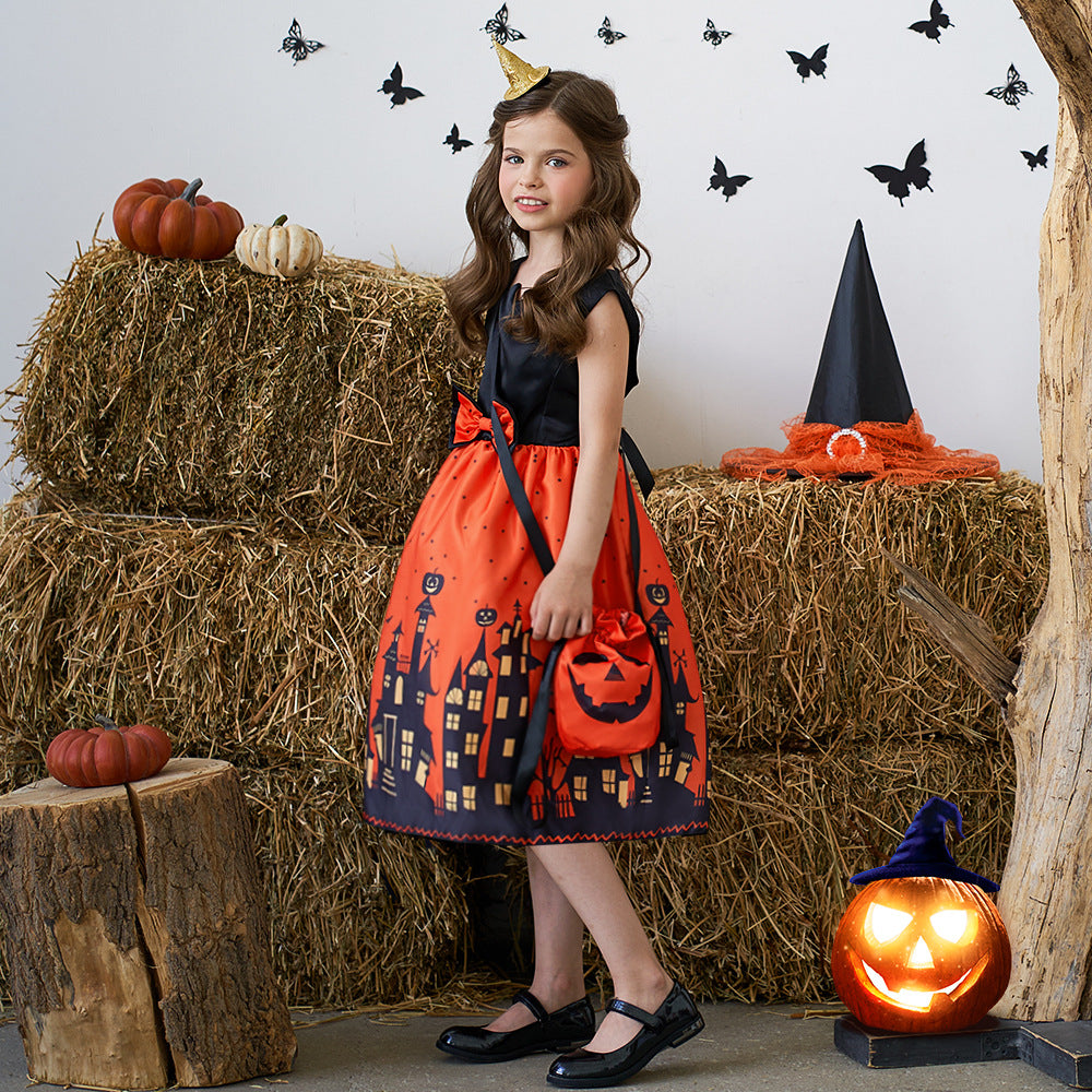 Orange Sleeveless A-Line Tea Length Dress with Bow for Kids | Party & Photo Shoot Outfit