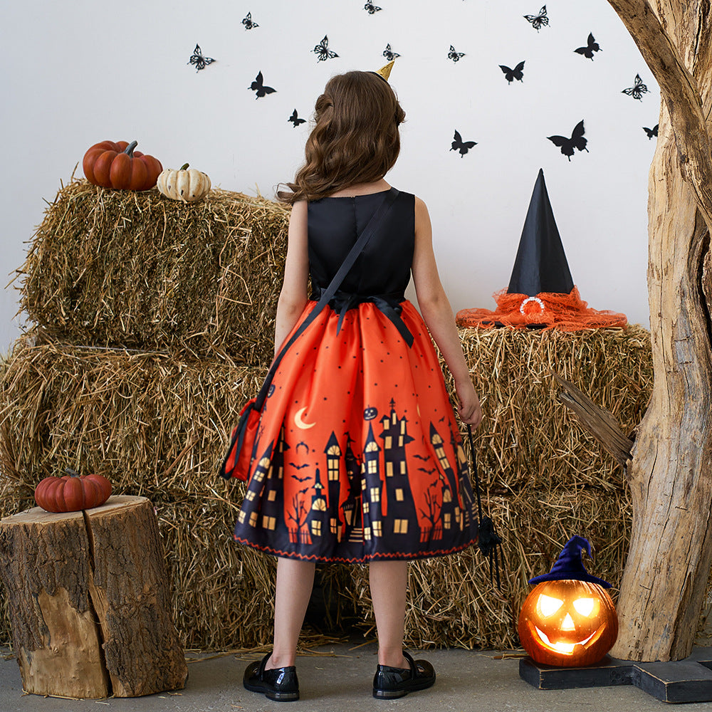 Orange Sleeveless A-Line Tea Length Dress with Bow for Kids | Party & Photo Shoot Outfit