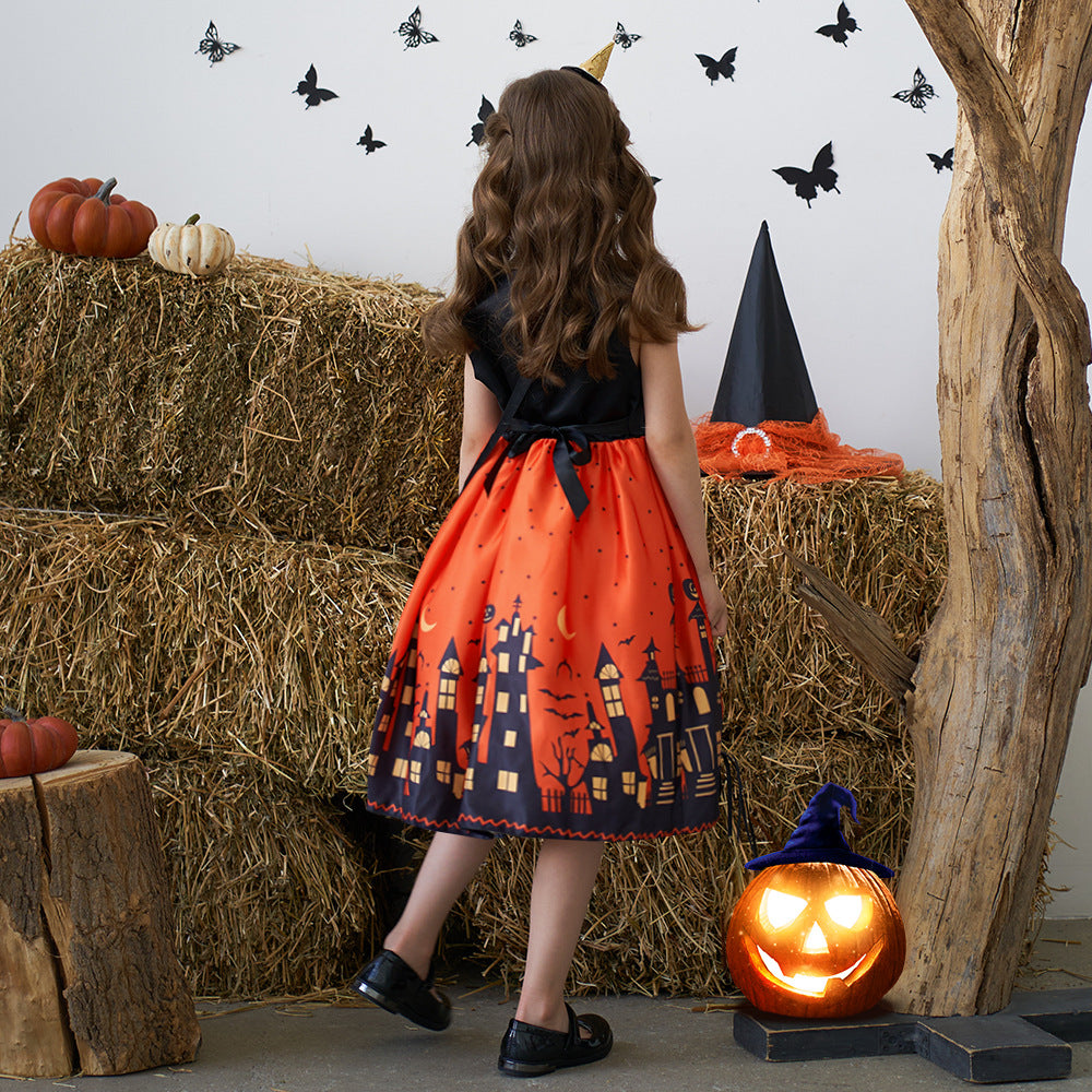Orange Sleeveless A-Line Tea Length Dress with Bow for Kids | Party & Photo Shoot Outfit