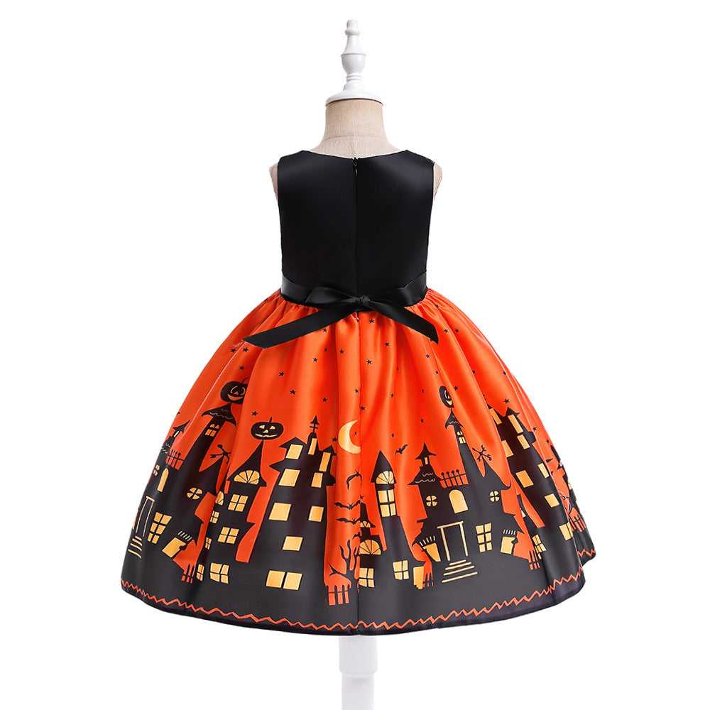 Orange Sleeveless A-Line Tea Length Dress with Bow for Kids | Party & Photo Shoot Outfit