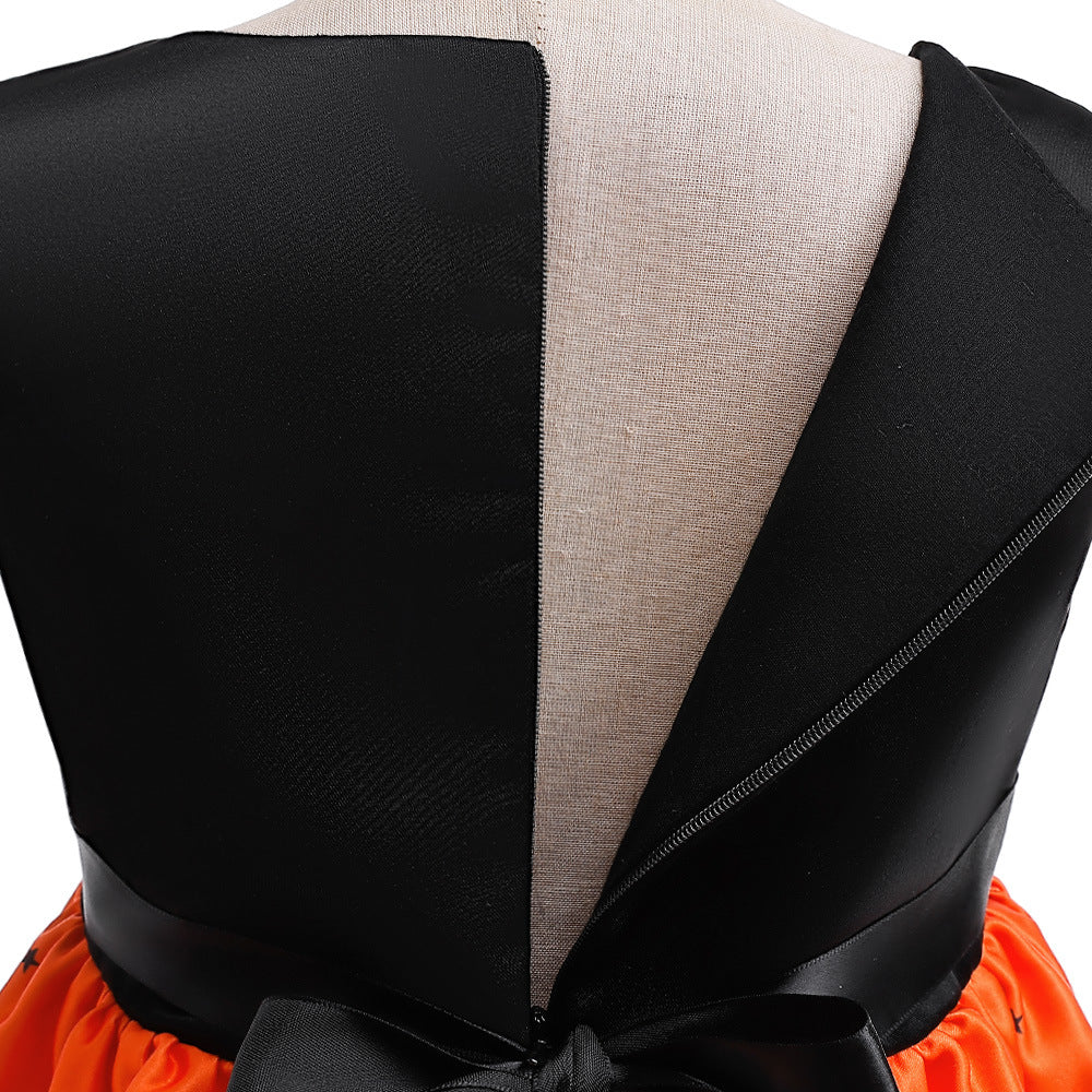 Orange Sleeveless A-Line Tea Length Dress with Bow for Kids | Party & Photo Shoot Outfit