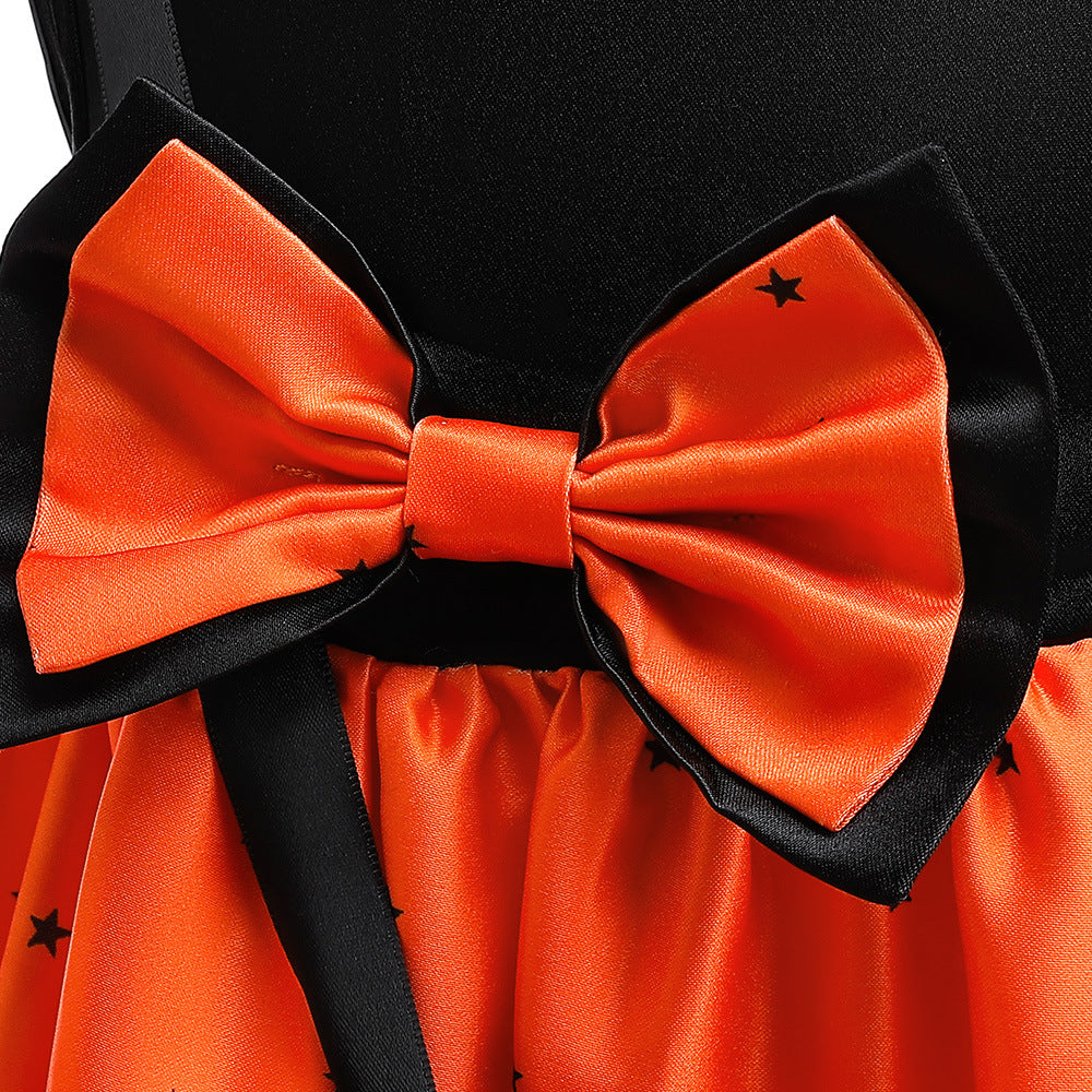 Orange Sleeveless A-Line Tea Length Dress with Bow for Kids | Party & Photo Shoot Outfit