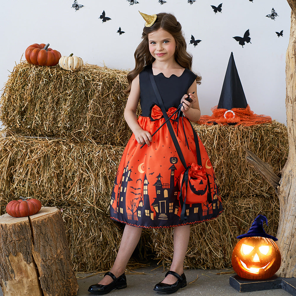 Orange Sleeveless A-Line Tea Length Dress with Bow for Kids | Party & Photo Shoot Outfit