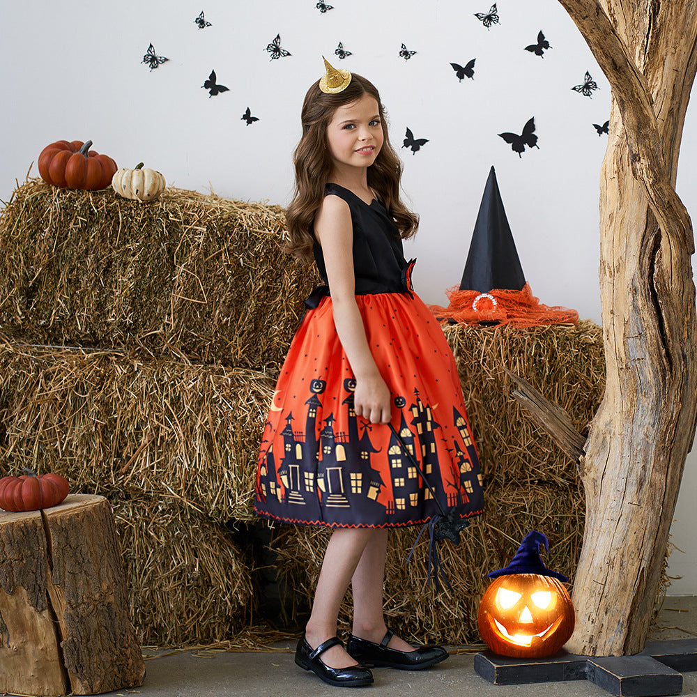 Orange Sleeveless A-Line Tea Length Dress with Bow for Kids | Party & Photo Shoot Outfit