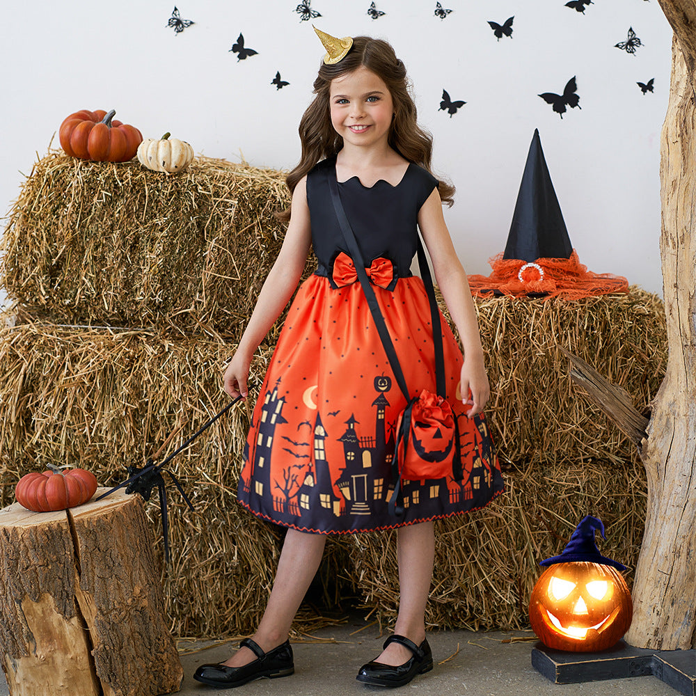 Orange Sleeveless A-Line Tea Length Dress with Bow for Kids | Party & Photo Shoot Outfit