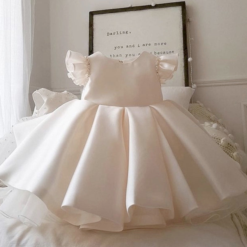 White Sleeveless Sequin Satin Ball Gown for Girls - Knee Length Special Occasion Dress