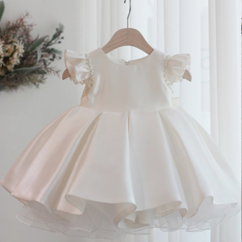 White Sleeveless Sequin Satin Ball Gown for Girls - Knee Length Special Occasion Dress