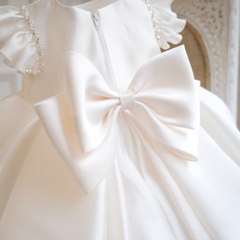 White Sleeveless Sequin Satin Ball Gown for Girls - Knee Length Special Occasion Dress