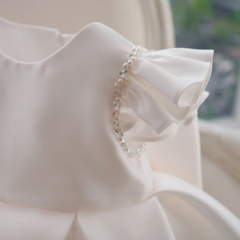 White Sleeveless Sequin Satin Ball Gown for Girls - Knee Length Special Occasion Dress