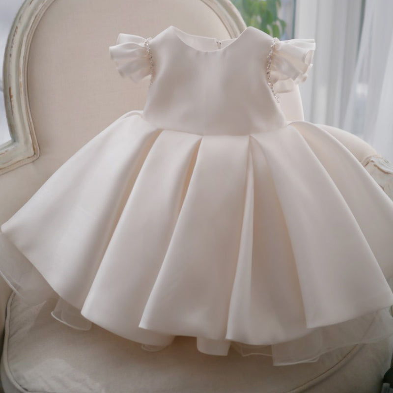 White Sleeveless Sequin Satin Ball Gown for Girls - Knee Length Special Occasion Dress