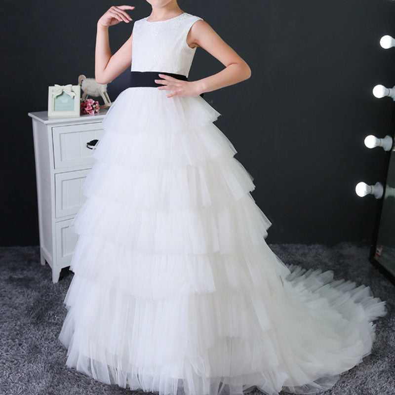 Sleeveless Tulle Ball Gown for Girls with Lace & Tiered Skirt | White Princess Dress