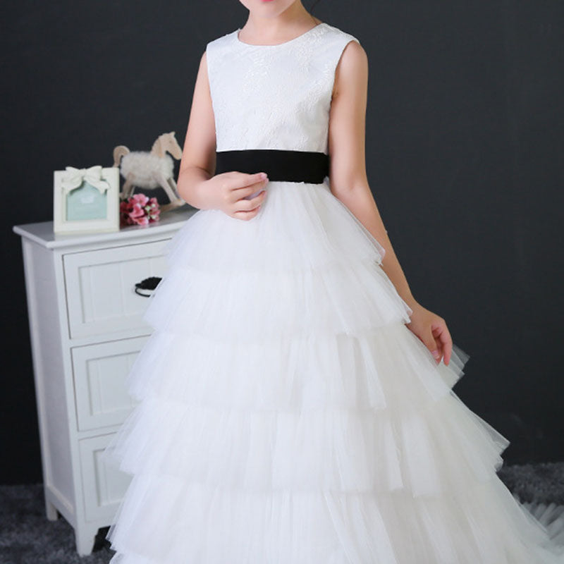 Sleeveless Tulle Ball Gown for Girls with Lace & Tiered Skirt | White Princess Dress