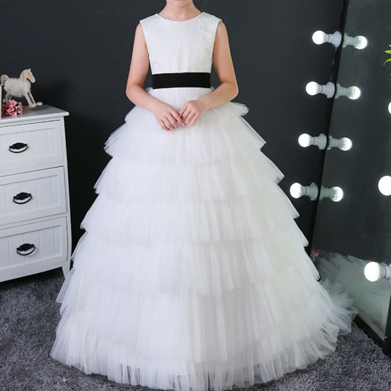 Sleeveless Tulle Ball Gown for Girls with Lace & Tiered Skirt | White Princess Dress