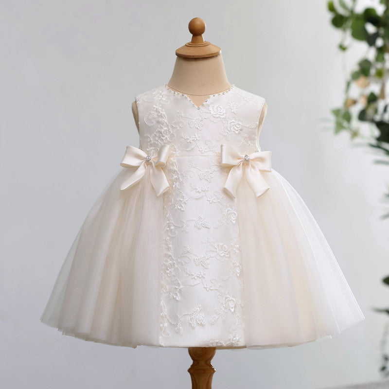 Elegant Sleeveless A-Line V-Neck Bow Dress for Girls – Special Occasion White Tulle Dress