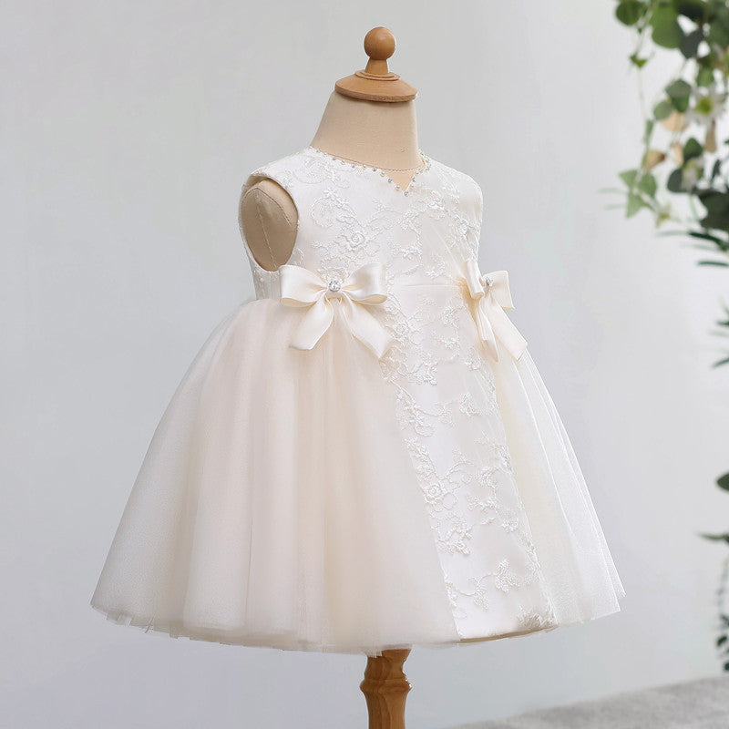 Elegant Sleeveless A-Line V-Neck Bow Dress for Girls – Special Occasion White Tulle Dress