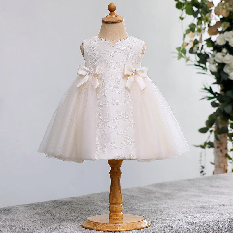 Elegant Sleeveless A-Line V-Neck Bow Dress for Girls – Special Occasion White Tulle Dress