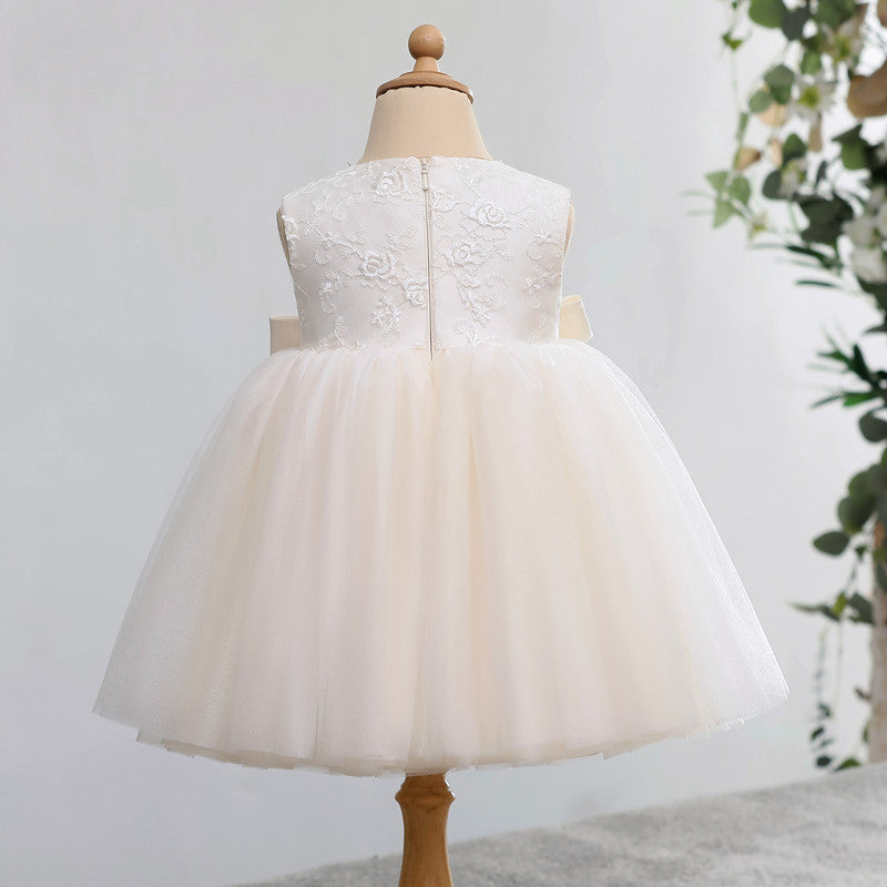 Elegant Sleeveless A-Line V-Neck Bow Dress for Girls – Special Occasion White Tulle Dress