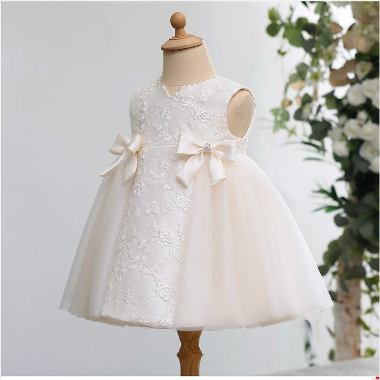 Elegant Sleeveless A-Line V-Neck Bow Dress for Girls – Special Occasion White Tulle Dress