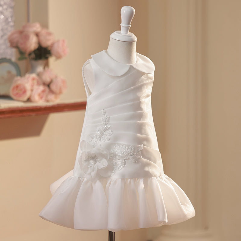 Sleeveless White Organza A-line Flower Girl Dress with Applique for Special Occasions