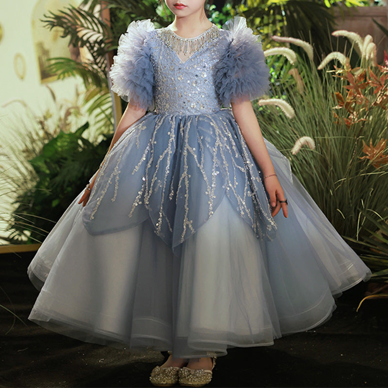 Sparkling Dusty Blue A-Line Flower Girl Dress | Sequins & Ruffles