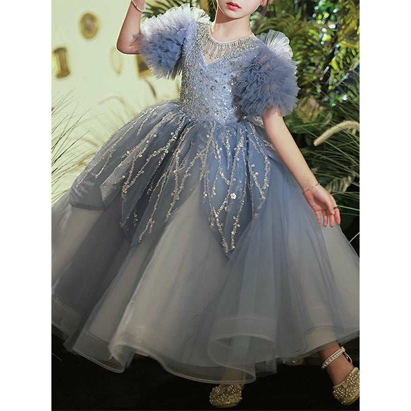 Sparkling Dusty Blue A-Line Flower Girl Dress | Sequins & Ruffles